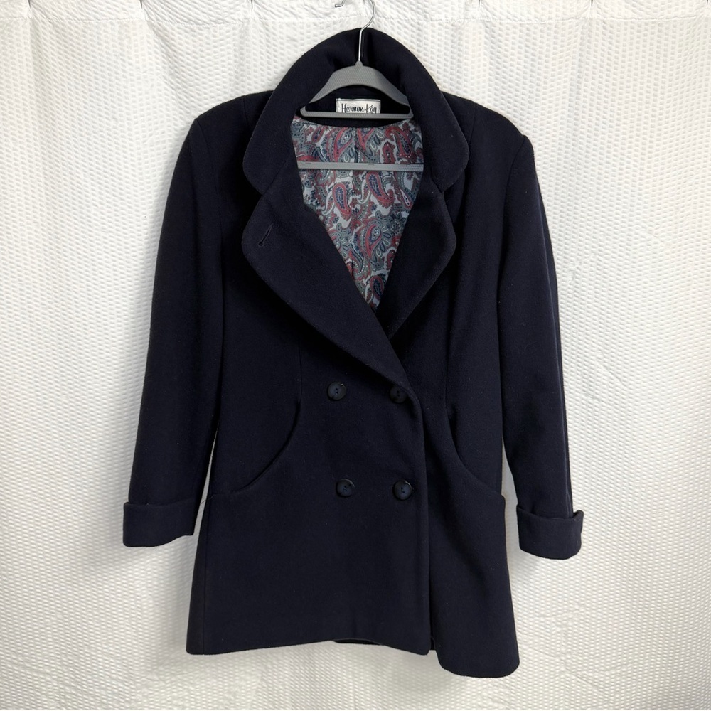 Vintage Herman Kay 80% Wool Navy Blue Double-Breasted Pea Coat w/ Paisley Lining - Picture 2 of 9